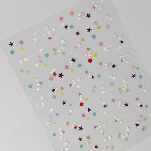 Terrazzo Confetti Nail Stickers - Flat Nail Stickers Featuring a Variety Multi-Color of Terrazzo-Inspired Shapes, Including Stars.