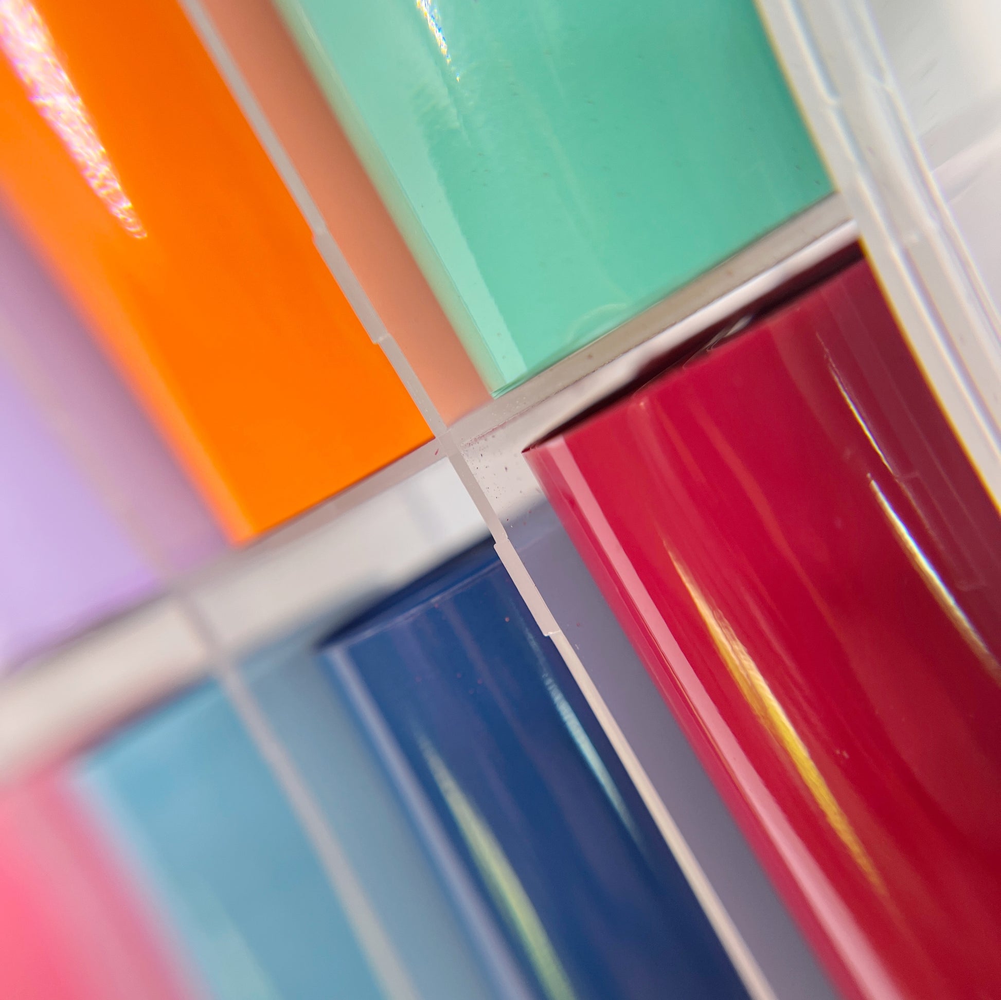 Close-Up of Solid Gloss Foil Set - Detailed View of 10 Solid Glossy (Non-Metallic) Foils in Various Vibrant Colors.