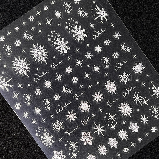 Snow Stars Nail Stickers - Raised Texture White Snowflake Nail Stickers on Clear Sheet, Black Background
