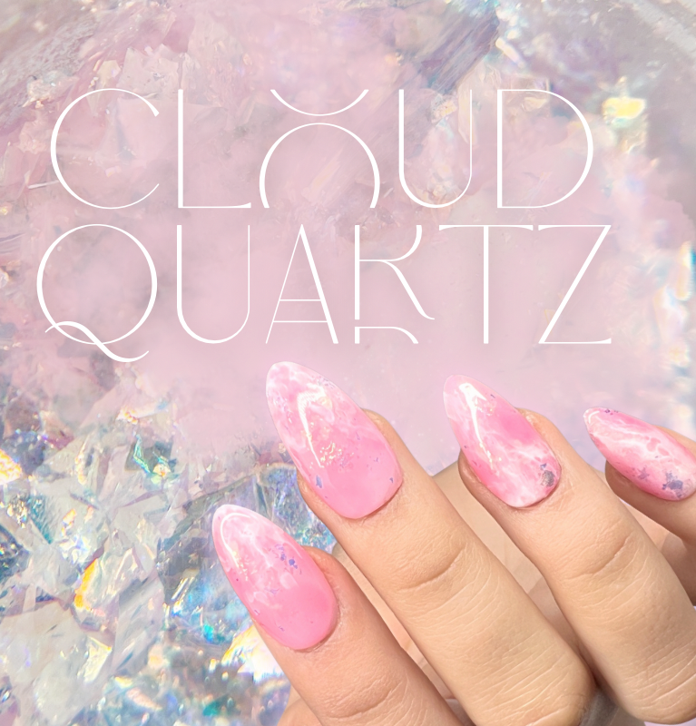 Graphic of hand with pink nails and Cloud Quartz title. 