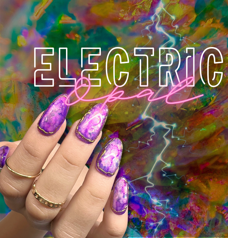 Electric Opal graphic featuring hand with purple nails. 