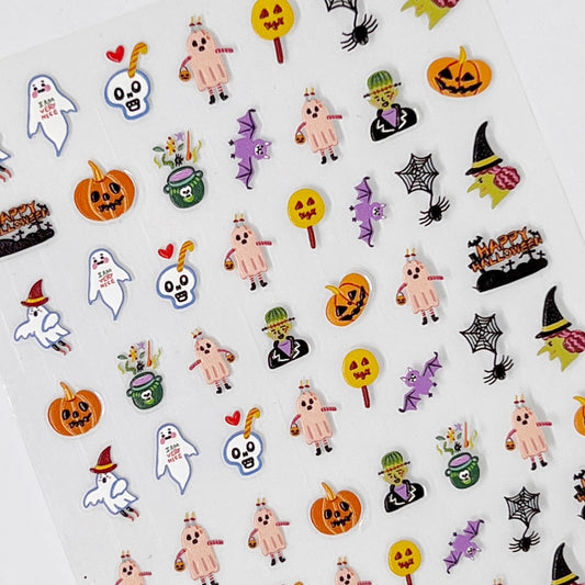 Ghost Party Nail Stickers - Colorful Raised Texture Nail Stickers with Cartoon Halloween Characters (Ghosts, Witches, Pumpkins, and Skulls) on White Background