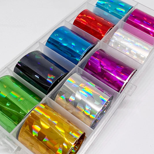 Jewel Foil Set - 9 Metallic Colors with Jewel Facet Print (Green, Black, Blue, Red, Light Blue, Gold, Silver, Purple, and Pink) and 1 Clear Opal, Displayed in a Clear Case on a White Background.