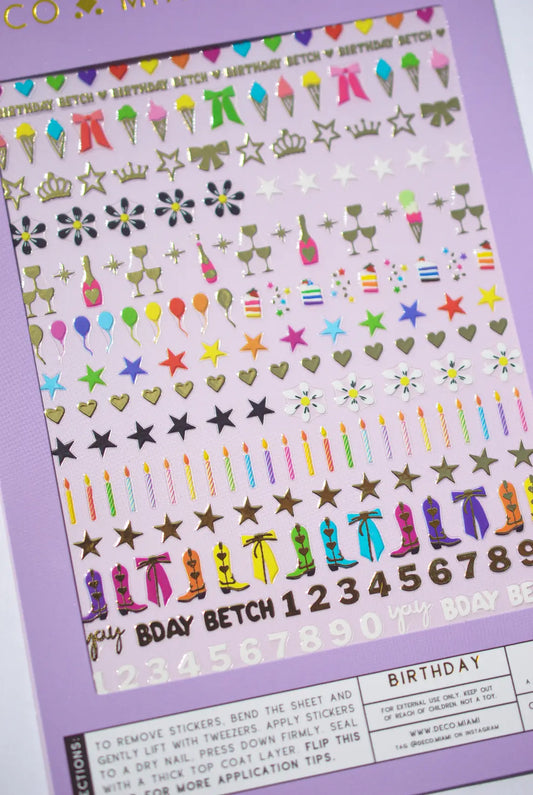 Colorful nail stickers with flowers, cowboy boots, metallic stars and birthday themed text by Deco Beauty (Deco Miami)