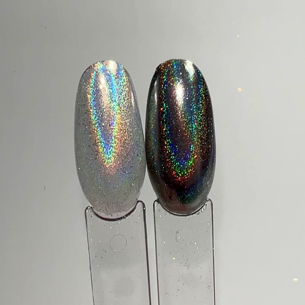 Chrome swatch on clear oval nail swatch sticks.