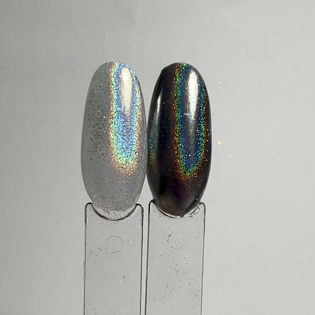 Chrome swatch on clear oval nail swatch sticks.