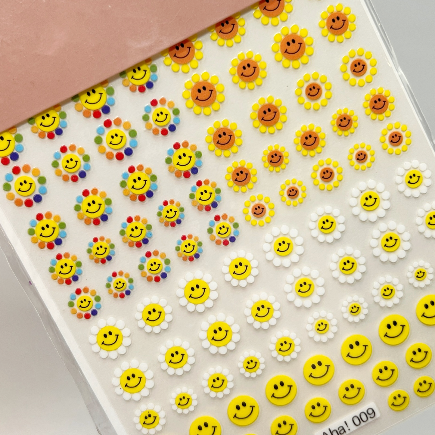 Retro inspired smiley flower nail stickers. 