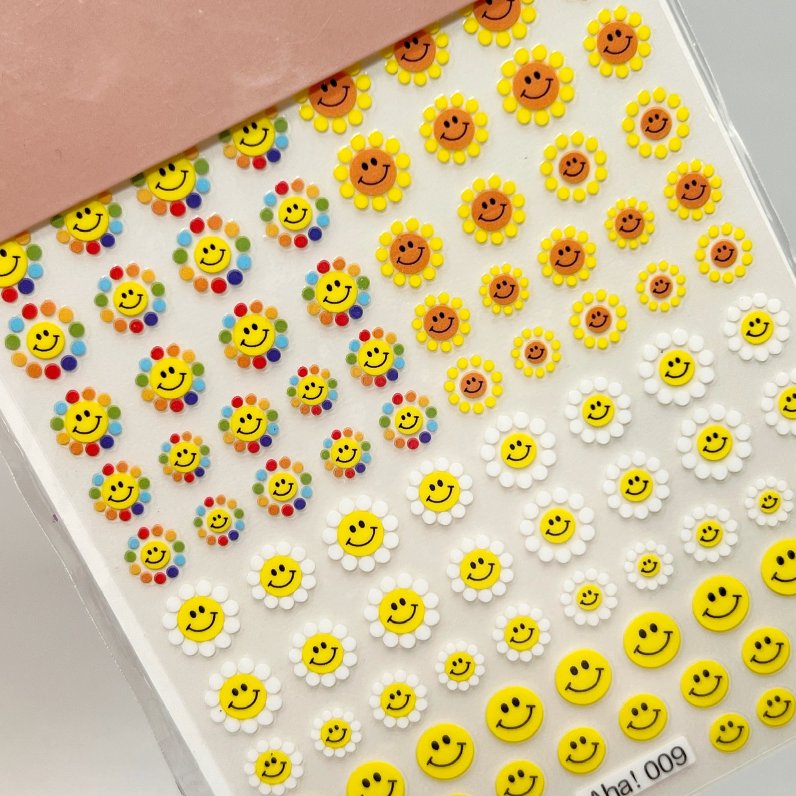 Retro inspired smiley flower nail stickers. 