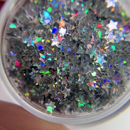 Video of silver star glitter in jar.
